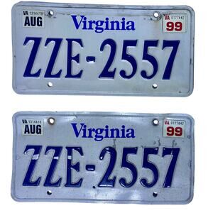 Virginia State License Plates 26 Years Old 1999 Set of Two